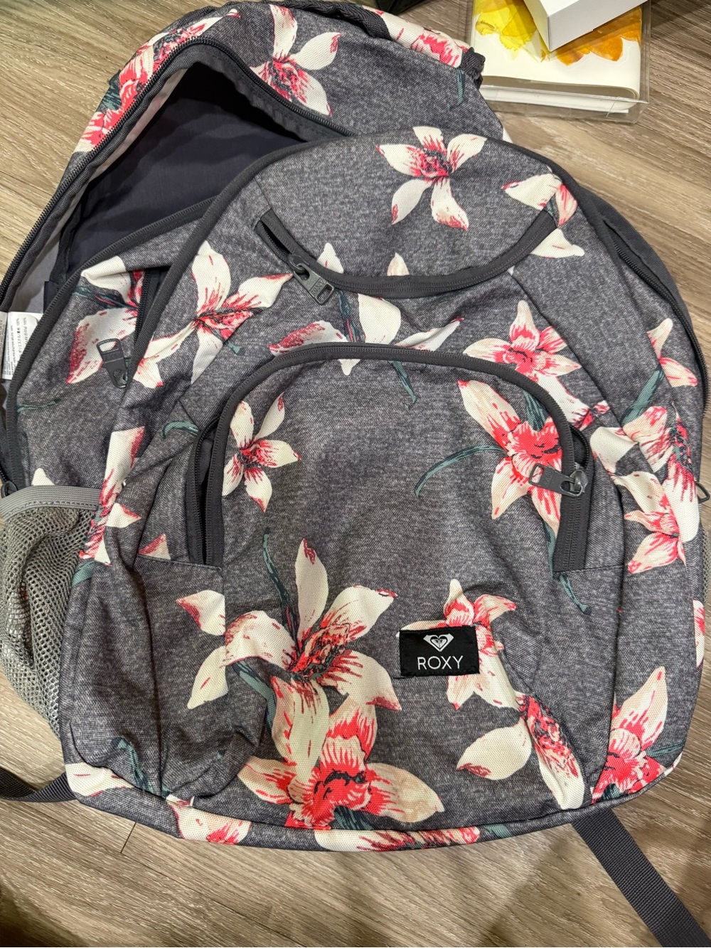Roxy Gray Backpack with Pink & Cream Floral Print